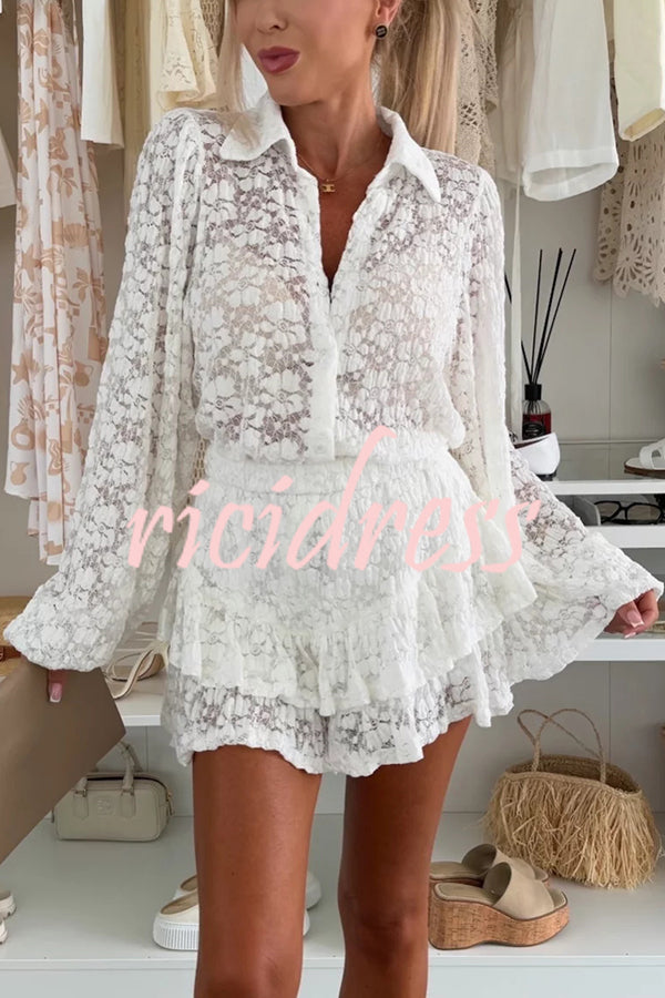 Nicola Lace Long Balloon Sleeve Blouse and Elastic Waist Layered Skort Set