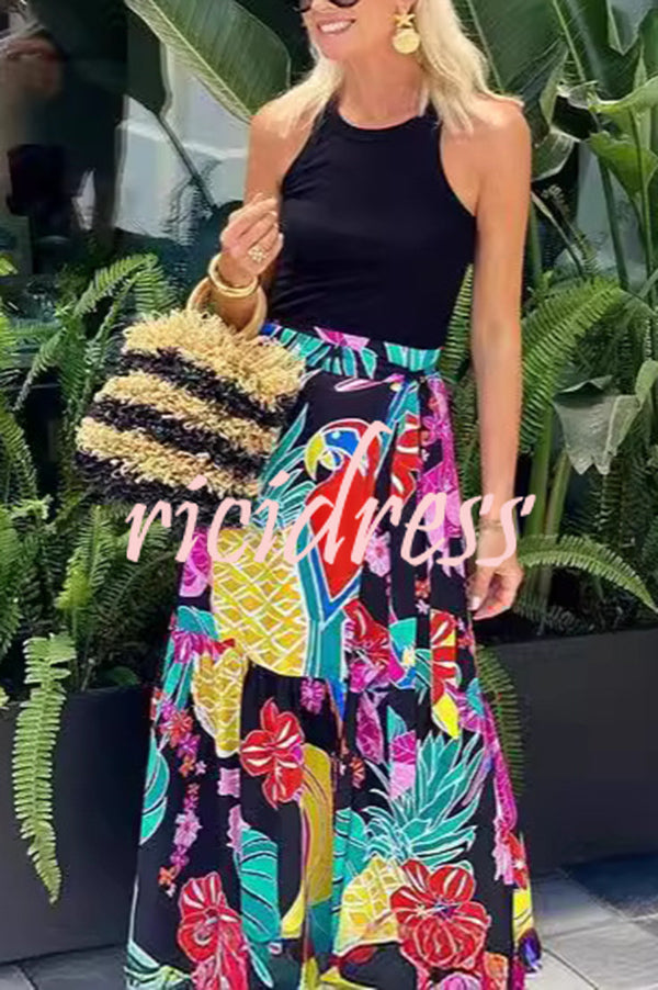 Tropical Flowers and Birds Print Loose Holiday Maxi Skirt