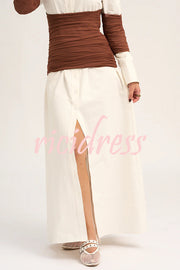 Fashionable Pleated Contrast Patchwork Waist Long Sleeve Button Shirt Maxi Dress