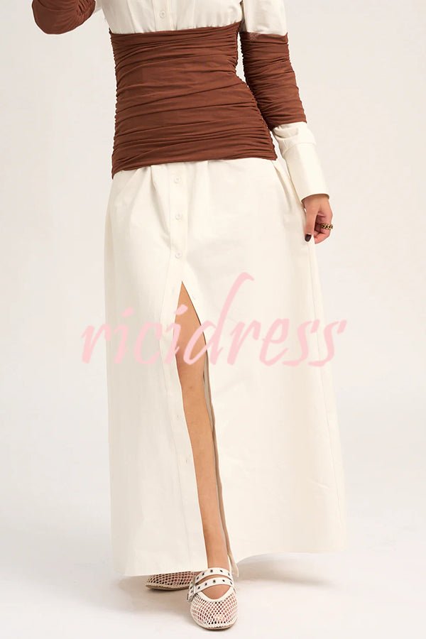 Fashionable Pleated Contrast Patchwork Waist Long Sleeve Button Shirt Maxi Dress