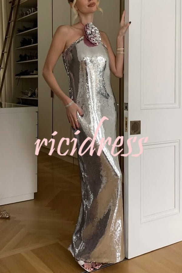 Moonlit Blooms Sequin Floral-appliqué Halter Neck Slit Gown Maxi Dress