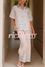 Linen Blend Lapel Puff Sleeve Loose Shirt and Casual Pocket Straight Pants Set