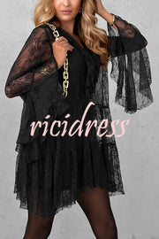 Feeling Lighthearted Lace Ruffle Neck Bell Sleeve Layered Hem A-line Mini Dress