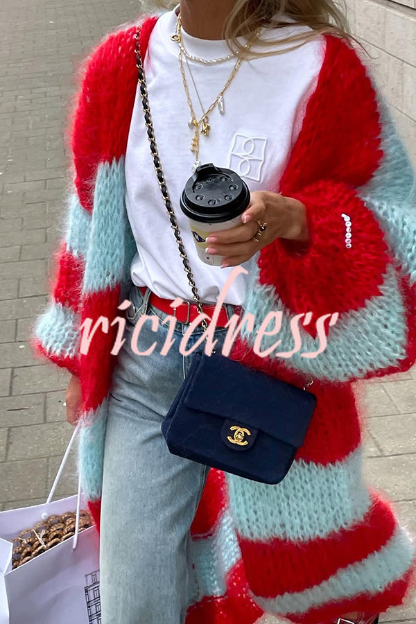 Fashionable Contrast Stripes Lazy Style Loose Long Knitted Cardigan