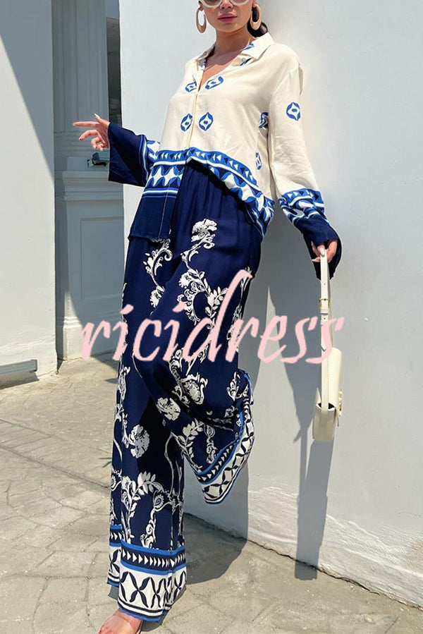 Unique Printed Lapel Long-sleeved Loose Top and Elastic Waist Casual Wide-leg Pants Set