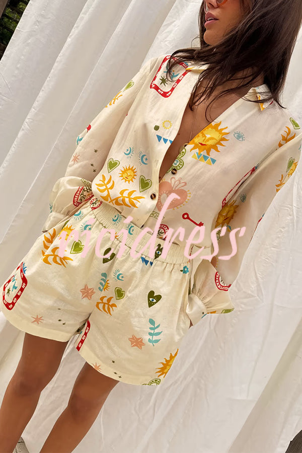 Funny Vacation Unique Printed Long Sleeve Shirt and Elastic Waist Pocket Loose Shorts Set