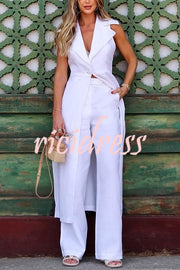 Savina Linen Blend Lapel Midi Vest and Pocketed Wide Leg Pants Set