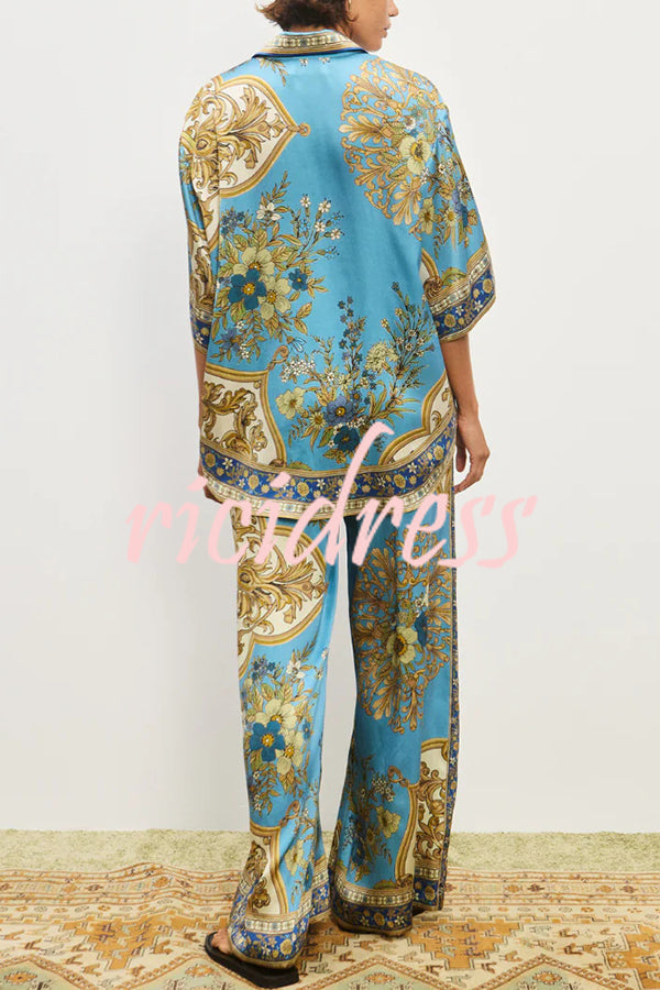 Satin Floral Print Loose Shirt and Elastic Waist Pocket Casual Wide-leg Pants