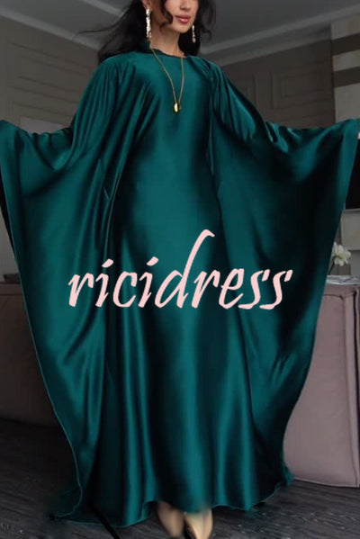 Dignified and Elegant Satin Batwing Sleeve with Waist Tie Design A-line Maxi Dress