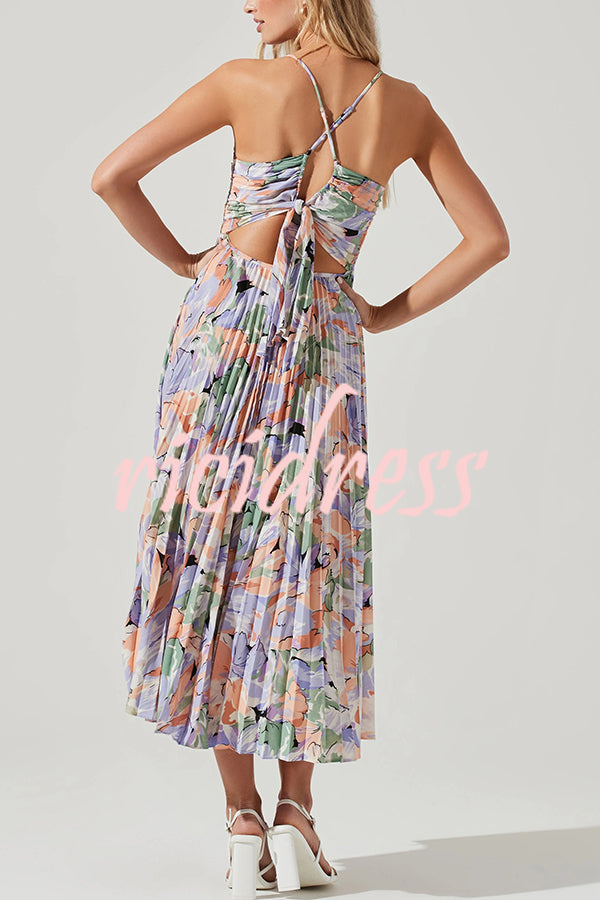 Wedding Party Season Floral Print Pleated Back Tie-up Midi Dress