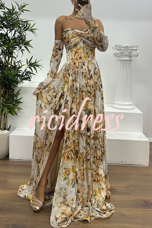 Reina Chiffon Floral Print Pleated Bodice Split Sleeve Strapless Slit Maxi Dress