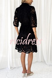 Solid Color Lace Cutout Balloon Sleeves and Waist Tie Mini Dress