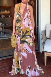 Beachside Bliss Floral Print V-neck Scarf A-line Maxi Dress