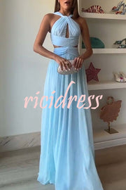 Graceful Modern Chiffon Twist Halter Neck Cutout Pleated Maxi Dress
