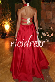 Festive Red Satin Floral Details Open Back Halter Elastic Waist Maxi Dress