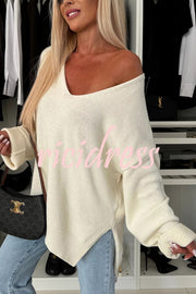 Cold Weather Knit Solid Color Long Sleeve V-neck Irregular Relaxed Sweater