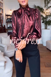 Ariella Metallic Satin Fabric Tie-up Bow Neck Long Sleeve Blouse