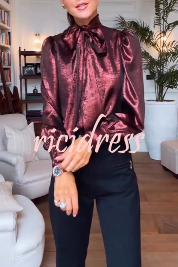 Ariella Metallic Satin Fabric Tie-up Bow Neck Long Sleeve Blouse