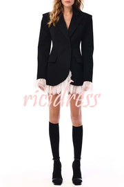 Cue The Chic Lace Trim Button Long Sleeve Lapel Blazer Mini Dress