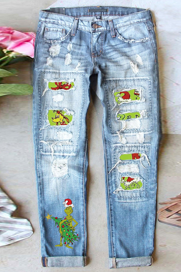 Santa Hat Green Grinch Print Zipper Button Washed Jeans