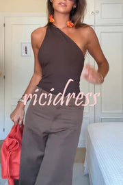 Fashion Slim-fit One-shoulder Stretch Bodysuit and Casual Side-slit Pants Set