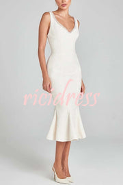 Moonlight Goddess Tweed Fabric Pearl Trim Fishtail Flare Bodycon Midi Dress