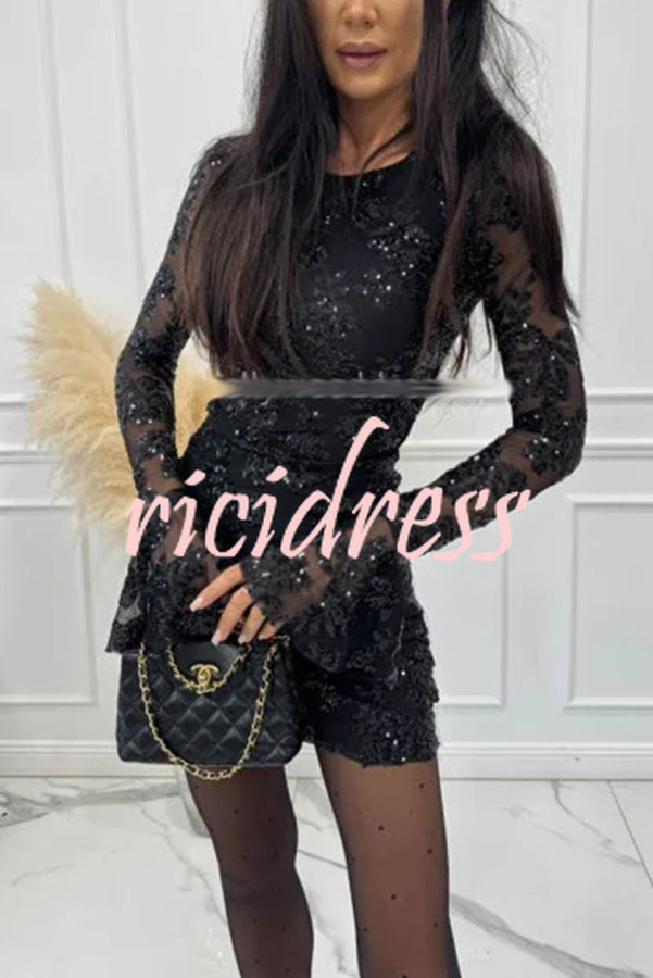 Deep and Dazzling Floral Texture Sequin Long Bell Sleeve Open Back Mini Dress