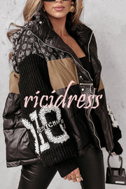 Stylish Denim Knit Long-sleeved Patchwork Hooded Pocket Thickened Jacket