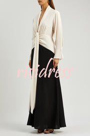 Fashion Contrast Color V-neck Tie High Waist Drape Maxi Dress