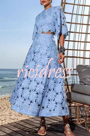 Elegant Embroidered Hollow Flowers Bell Sleeve Top and Full Hem Maxi Skirt Set