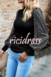Sequined Paneled Knitted Long Sleeved Shirts