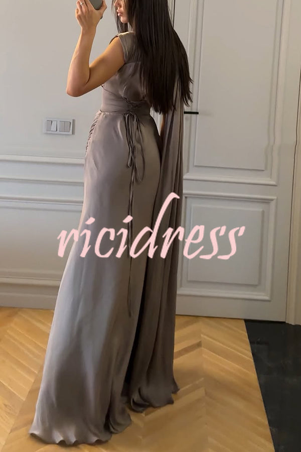 Solid Color Satin Sleeveless Waist Elegant Pleated Ribbon Maxi Dress