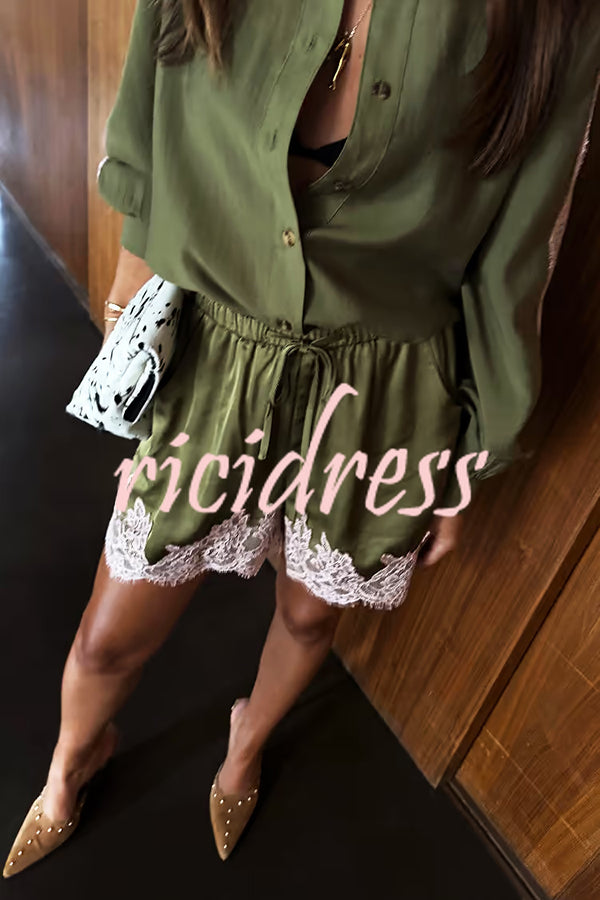 Eye-catching Work Contrast Color Satin Lace Trim Elastic Waist Pocket Shorts