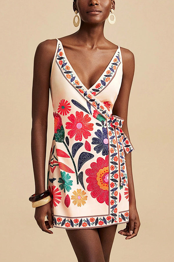 Floral Print V-Neck Suspender Lace-Up Resort Mini Dress