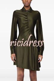 Marvis Button-embellished Long Sleeve Asymmetrical Drape Shirt Midi Dress