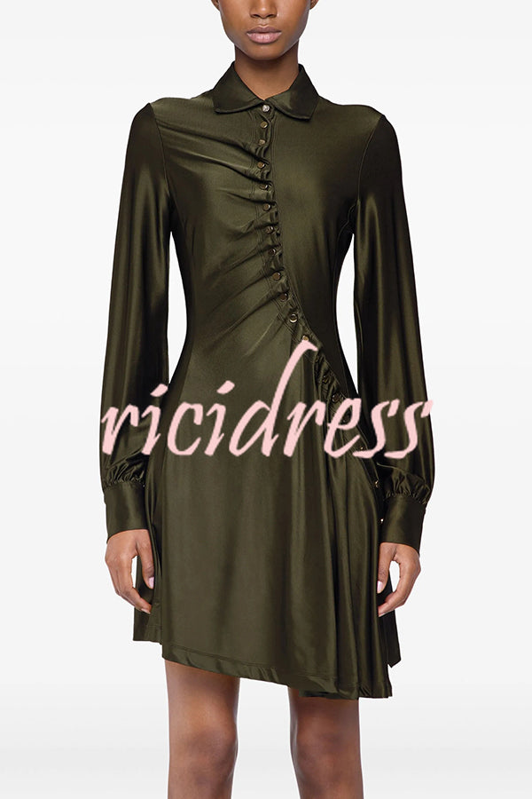 Marvis Button-embellished Long Sleeve Asymmetrical Drape Shirt Midi Dress