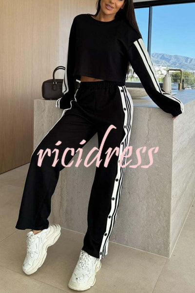 Sporty Chic Striped Patchwork Sweatshirt and Elastic Waist Side Button Up Loose Pants Set