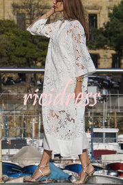 Confidence and Adventure Flower Lace V-neck Bell Sleeve Loose Midi Dress