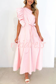 Solid One Shoulder Ruffled Sleeves Tie Waist Maxi Dress