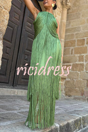 Fashion Sleeveless Halter Neck Elegant Tassel Slim Maxi Dress