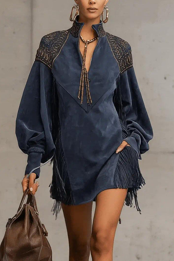 Stylish Suede V-neck Long-sleeved Tassel Loose Mini Dress