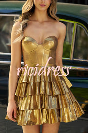 Like A Princess Metallic Fabric Off Shoulder Layered Rusffles Mini Dress