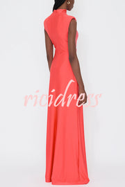 Genis Hollow Elastic Bust High Neck Sleeveless Gathered Maxi Dress