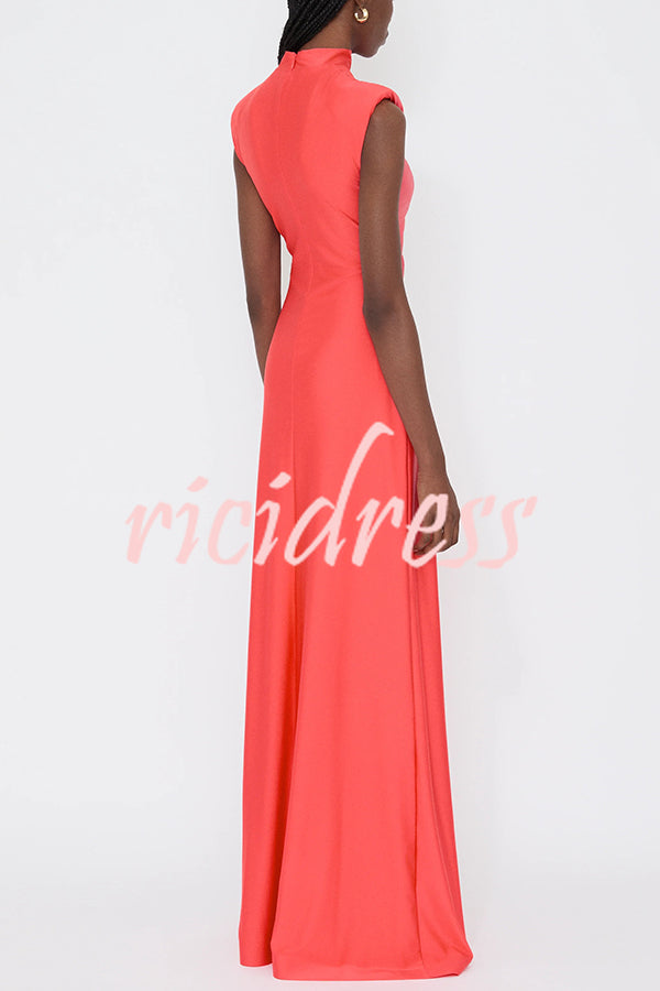 Genis Hollow Elastic Bust High Neck Sleeveless Gathered Maxi Dress
