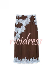 Sunday Social Contrast Color Satin Lace Trim Mid Rise Maxi Skirt