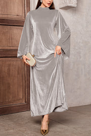 Solid Color Velvet Bell Sleeves Tie Waist Elegant Maxi Dress