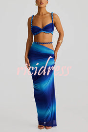 Sexy Halter Back Braided Suspender Top and Beach Holiday Style Hip-wrapped Maxi Skirt Set