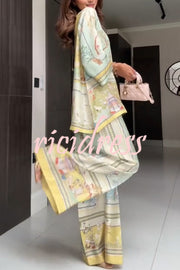 Elonie Satin Floral Print V-neck Half Sleeve Top and Elastic Waist Wide Leg Pants Set