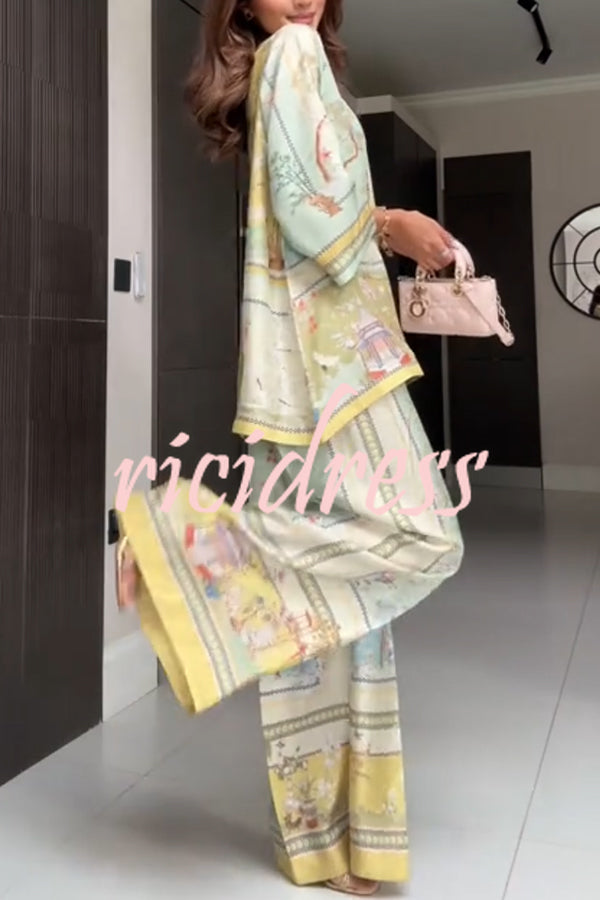 Elonie Satin Floral Print V-neck Half Sleeve Top and Elastic Waist Wide Leg Pants Set