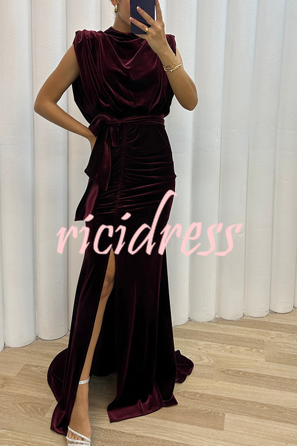 Milan Muse Velvet Padded Shoulder Ruched Belt Slit Maxi Dress